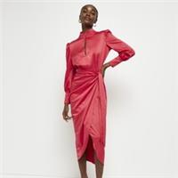 River Island Womens Wrap Midi Dress Red Cut Out Long Sleeve High Neck Asymmetric - 6 Regular