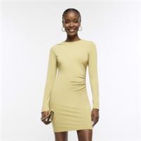 River Island Womens Bodycon Mini Dress Yellow Ruched Drape Long Sleeve - 10 Regular