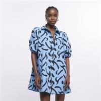 River Island Womens Mini Shirt Dress Blue Print Smock Collared Button Fastening - 8 Regular