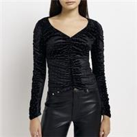 River Island Womens Ruched Top Black Velvet Long Sleeve Studded V-Neck Blouse - 6 Regular