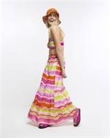 River Island Womens Maxi Skirt Pink Stripe Beach Tiered Raffia High Waist Bottom - S Regular