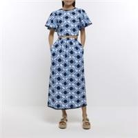 River Island Womens Maxi Skirt Blue Print With Linen High Waisted Bottom - 6 Regular