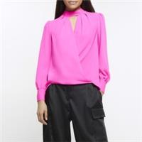 River Island Womens Blouse Pink Cut Out Wrap High Neck Long Sleeve Top - 6 Regular