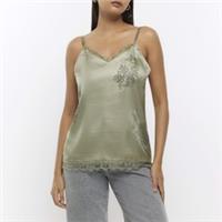 River Island Womens Cami Top Green Satin Fabric Hotfix Star Diamante Sleeveless - 6 Regular