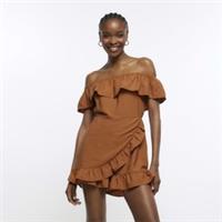 River Island Womens Playsuit Rust Bardot Neck Frill Short Sleeve Outfit - 8 Regular