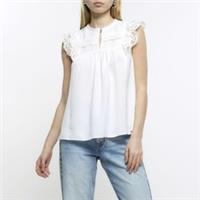 River Island Womens Blouse White Lace Ruffle Sleeveless Key Hole Front Top - 6 Regular