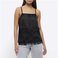 River Island Womens Cami Top Black Lace Detail Sleeveless Square Neck Longline - 6 Regular
