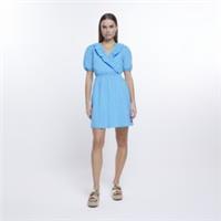 River Island Womens Wrap Mini Dress Blue Puff Sleeve V-Neck Elasticated Waist - 10 Regular