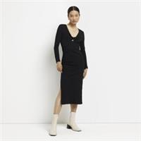 River Island Womens Bodycon Midi Dress Black Ribbed Fabric V-Neck Long Sleeve - 14 Regular