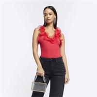 River Island Womens Bodysuit Red Frill Detail V-Neck Sleeveless Outfit - 6 Regular