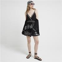 River Island Womens Playsuit Black Embroidered Cold Shoulder V-Neck Sleeveless - S Regular