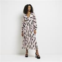 River Island Womens Maxi Dress Pink Print Long Sleeve V-Neck Pleated Detail - 6 Regular