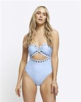 River Island Womens Bandeau Swimsuit Blue Scallop Hem Swimwear Beachwear - 6 Regular