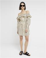 River Island Womens Smock Mini Dress Yellow Stripe Bardot Neck Long Sleeve - 10 Regular