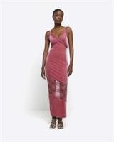 River Island Womens Slip Maxi Dress Pink Velvet Lace V-Neck Sleeveless - 8 Regular