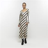 River Island Womens Slip Midi Dress White Satin Stripe Belted Scoop Neck - 12 Regular