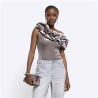 River Island Womens Asymmetric Top Grey Velvet Ruched Sleeveless Blouse - 6 Regular