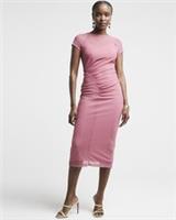 River Island Womens Bodycon Midi Dress Pink Mesh Stripe Crew Neck Short Sleeve - 10 Regular