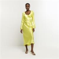 River Island Womens Slip Midi Dress Yellow Satin Belted Scoop Neck Long Sleeve - 6 Regular