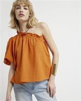 River Island Womens One Shoulder Top Rust Linen Blend Short Sleeve Asymmetric - 12 Regular