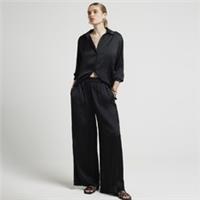 River Island Womens Shirt Black Crinkle Satin Collared Long Sleeve Cuffed Top - 8 Regular