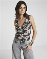 River Island Womens Top Black Sequin Floral Print Cowl Neck Sleeveless Blouse - 6 Regular