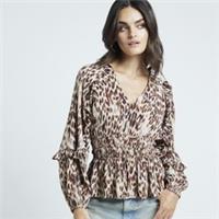 River Island Womens Blouse Beige Leopard Print Frill V-Neck Long Sleeve Top - 6 Regular