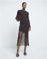 River Island Womens Midi Dress Brown Metallic Fringe Crew Neck Long Sleeve Zip - 6 Regular