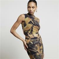 River Island Womens Vest Khaki Mesh Floral Ruched Side Boat Neck Sleeveless Top - 6 Regular