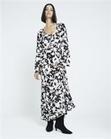 River Island Womens Midi Dress Black Floral Long Sleeve Button Scoop Neck - 6 Regular
