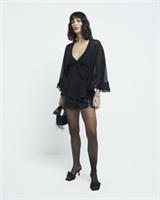 River Island Womens Cape Top Black Long Sleeve Ruffle Detail V-Neck Loose Fit - 6 Regular