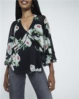 River Island Womens Ruffled Top Black Floral Long Sleeve V-Neck AOP Blouse - 6 Regular