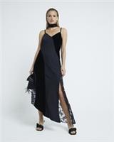 River Island Womens Midi Slip Dress Black Satin Velvet And Lace Sleeveless - 10 Regular