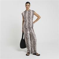 River Island Womens Wide Leg Trousers White Snake Print Elasticated Waist Pants - S Regular