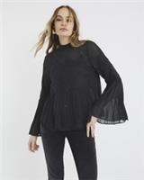 River Island Womens Blouse Black Lace Applique Pleated Crew Long Sleeve Top - 12 Regular