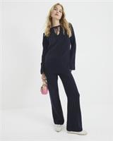 River Island Womens Flared Trousers Navy Ribbed Elasticated Waist Pants Bottoms - XS Regular