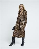 River Island Womens Midi Shirt Dress Black Leopard Print Collared Long Sleeve - 6 Regular