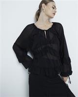 River Island Womens Blouse Black Chiffon Ruffled Tie Detail Long Sleeve Top - 12 Regular