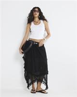 River Island Womens Maxi Skirt Black Lace Tiered Design Frilled Trimming Bottom - 6 Regular