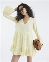 River Island Womens Mini Beach Dress Yellow Broderie Long Sleeve V-Neck - S Regular