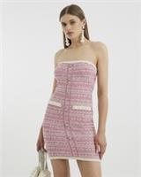 River Island Womens Mini Dress Pink Boucle Bandeau Neck Sleeveless Button - M Regular
