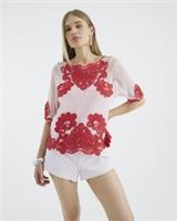 River Island Womens Top Pink Mesh Short Sleeve Embroidered Round Neck Blouse - S Regular