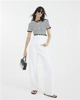 River Island Womens Peplum Top Cream Striped Knit Belted Short Sleeve Blouse - XS Regular