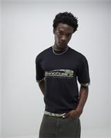 River Island Mens T-Shirt Black Oversized Fit Camo Sanctuaire Crew Neck Tee Top - L Regular