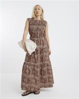 River Island Womens Maxi Dress Beige Leopard Drawstring Tiered Round Neck - 6 Regular