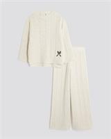 River Island Girls Jumper & Trousers Set Cream 2 Piece Cable Knit Bow Wide Leg - 7-8 Years Regular