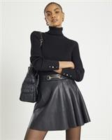 River Island Womens Mini Skirt Black Faux Leather Snaffle Trim Pleated Zip - 12 Regular