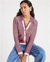 River Island Womens Cardigan Pink Boucle Check Print Collared Jumper Top - XL Regular