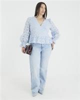 River Island Womens Blouse Blue Long Sleeve Broderie Peplum Button V-Neck Top - 6 Regular