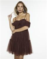 River Island Womens Mini Dress Brown Tulle Sleeveless Casual Bardot Neck - 8 Regular